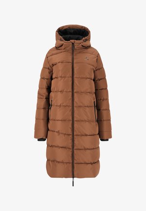 Brauner Puffercoat mit Kapuze, vertikal gesteppten Abschnitten, schwarzen Reißverschlüssen, Seitentaschen und elastischen Bündchen für zusätzliche Wärme.