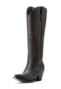 Bota vaquera de cuero negro con acentos de costura elevada, puntera afilada y un tacón de altura media. Presenta patrones decorativos a lo largo del caña.