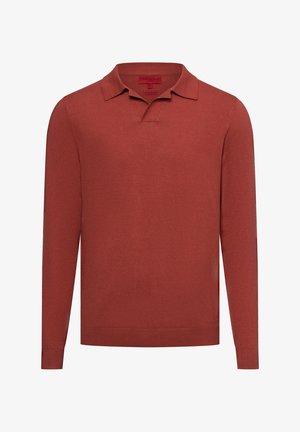 Langarm-Polo in Rostfarbe, aus weichem Stoff gefertigt, mit Kragen, einer Zweiknopf-Leiste und gerippten Bündchen sowie Saum.