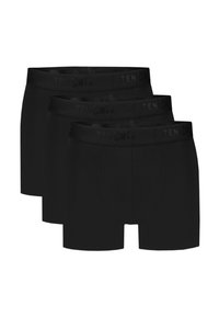 Shorts de boxe noirs dans un pack de trois, avec une taille doux arborant le logo en relief "TEN CATE" et une texture de tissu lisse.