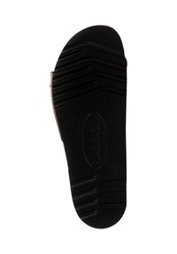 Zwarte rubberen schoenenzool met gestructureerde groeven en ribbels voor grip, met een ronde neus en een ovale logo in het midden.