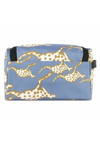 Blauwe cosmeticatas met een patroon van gouden en witte stippen dieren. Gemaakt van duurzaam stof met een ritssluiting en zwarte accenten.