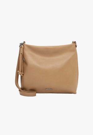 Torba na ramię z jasnobrązowej skóry o gładkiej teksturze, regulowany pasek, boczny frędzel oraz srebrny emblemat marki z przodu.