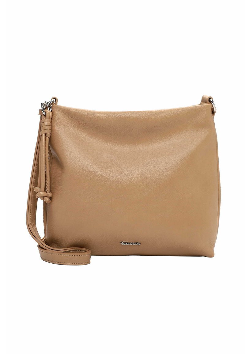Torba na ramię z jasnobrązowej skóry o gładkiej teksturze, regulowany pasek, boczny frędzel oraz srebrny emblemat marki z przodu.