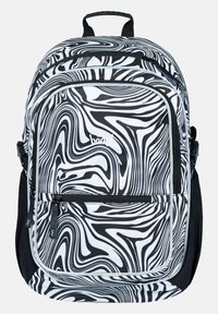 Zaino a motivo zebra con curve bianche e nere, scomparti con cerniera, maniglia superiore e spallacci regolabili. Realizzato in tessuto resistente.