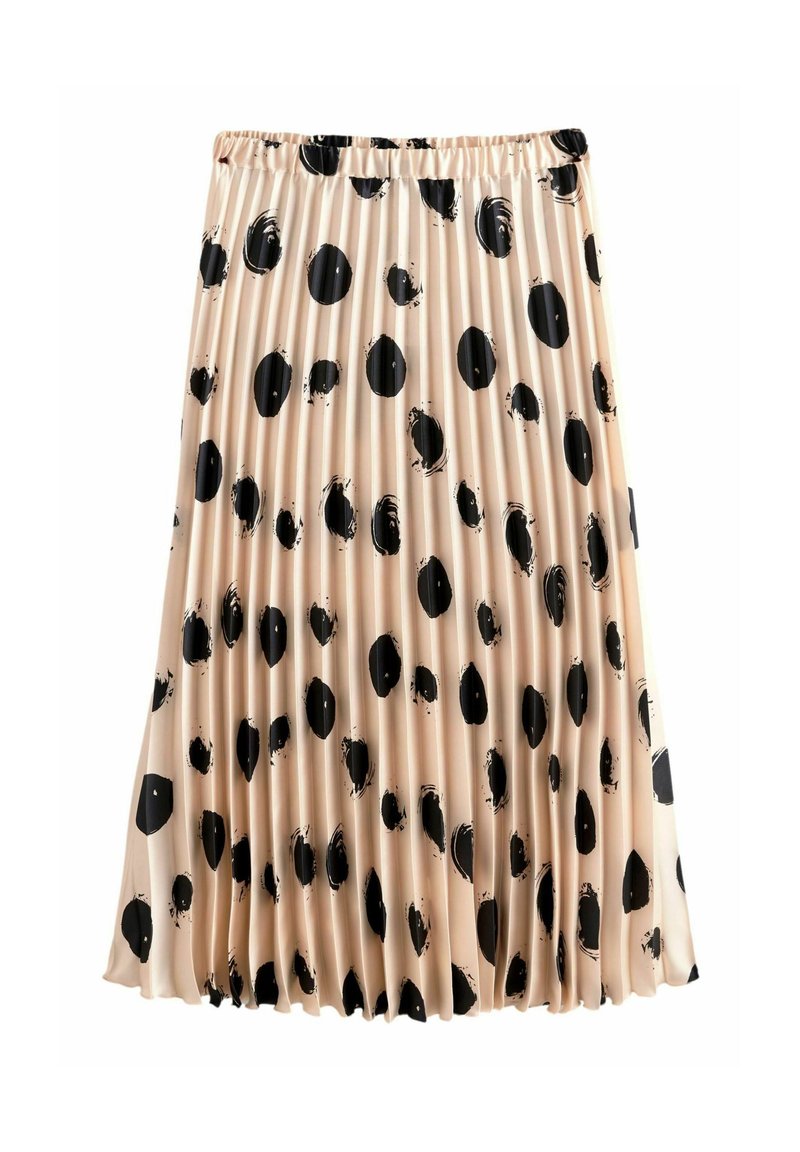 Jupe plissée en tissu pêche avec de gros pois en éclaboussures de peinture noire. Taille élastique pour le confort et une silhouette fluide.