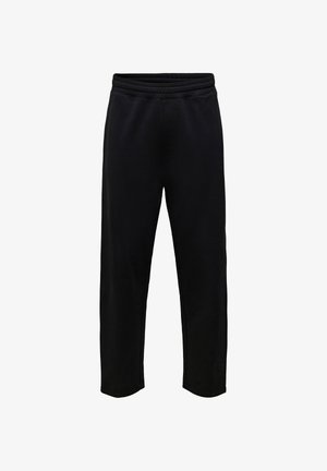 Pantalon de survêtement noir en tissu doux, doté d'une ceinture élastique et de poches latérales, avec une coupe droite et sans motifs visibles.