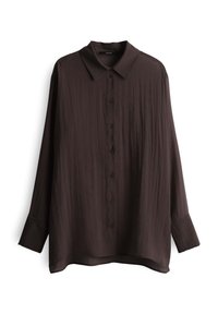 Dark brown button-up shirt made of lightweight fabric. Features a classic collar, long sleeves, and a relaxed fit with a slightly curved hem.