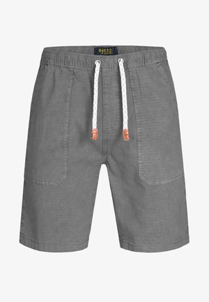 Shorts décontractés gris avec ceinture élastique, cordon blanc avec embouts en cuir marron et poches plaquées à l'avant.