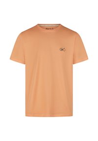 Perzikkleurig T-shirt van zachte stof, met korte mouwen en een ronde hals, voorzien van een kleine geborduurde fietsafbeelding op de linkerborst.