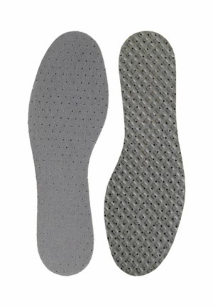 Two gray shoe insoles side by side, one showing a smooth top with small perforations, the other a textured bottom with a grid pattern.