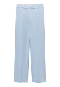 Light blue, wide-leg trousers made of smooth fabric. Features a tailored waistband with belt loops and front crease for a polished look.