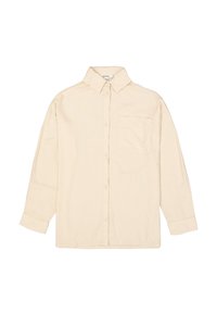 Light beige long-sleeve shirt, button-down front, classic collar, single chest pocket, soft texture, relaxed fit, and standard cuffs.