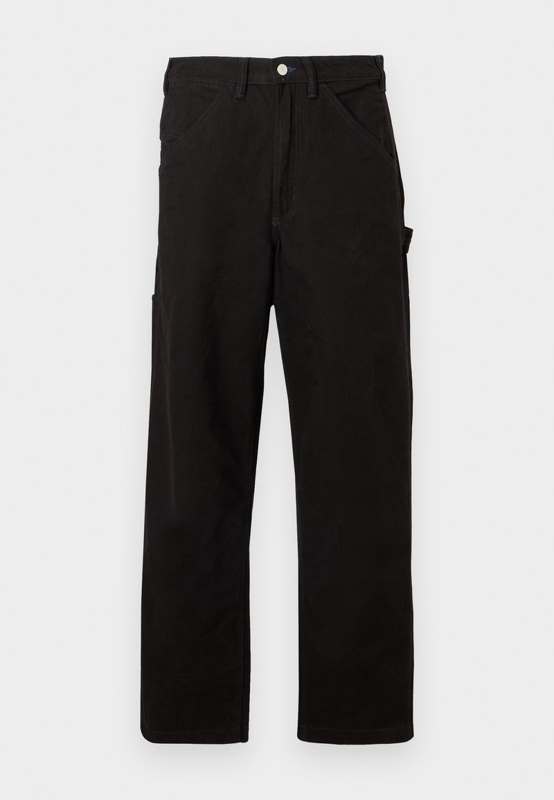 Pantalon de travail noir à jambes droites avec multiples poches et passants pour ceinture, présenté à plat sur un fond blanc.