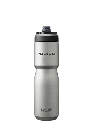 Stainless steel CamelBak Podium sports water bottle with black cap and push-pull spout, designed for cycling or outdoor activities.