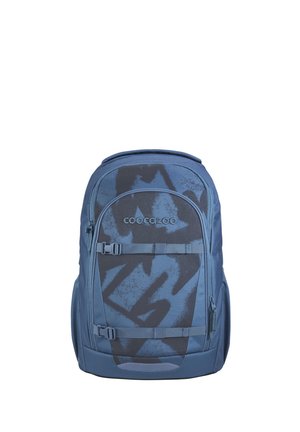 Blue and black patterned Coocazoo backpack with front zip pockets, adjustable straps, and padded sides on a white background.