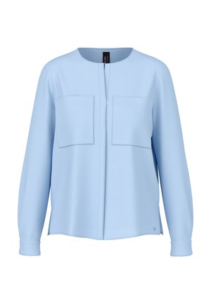 Light blue long-sleeve shirt with round neckline, two chest pockets, and hidden front closure, displayed on white background.