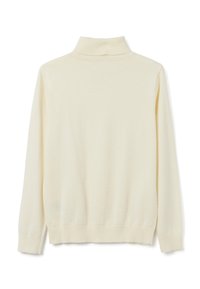 Maglione a collo alto crema, tessuto a maglia, maniche lunghe, colletto e orlo a coste, texture liscia, design minimalista, colore uniforme senza motivi.