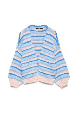 Pehmeast soonikust kardigan laia sinise, helesinise ja beeži horisontaalse triibuga, V-kaelusega ning soonikkoes varrukasuu ja äärega.