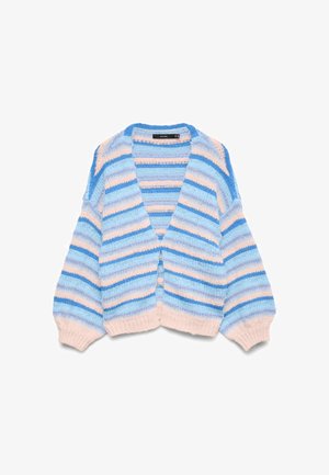 Cardigan en maille douce avec de larges rayures horizontales bleu, bleu clair et beige, col en V, poignets et ourlet côtelés.