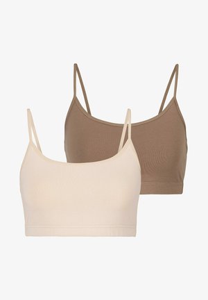 Two soft, seamless bralettes in light beige and dark brown, featuring adjustable straps and a classic scoop neck design.