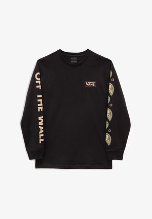 Camiseta Vans negra de manga larga con texto beige "OFF THE WALL" en la manga izquierda y patrones florales verdes en la manga derecha, pequeño logo de Vans en el pecho.