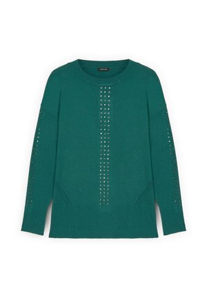 Suéter de punto en color teal con cuello redondo, que presenta tachuelas metálicas en la parte delantera y en las mangas, dobladillo acanalado y un corte relajado.