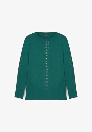 Teal knit sweater with round neckline, featuring metallic studs along the front and sleeves, ribbed hem, and a relaxed fit.