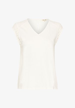 White short-sleeve top featuring a v-neck, lace accents on shoulders, and a keyhole closure at the back. Soft fabric texture.