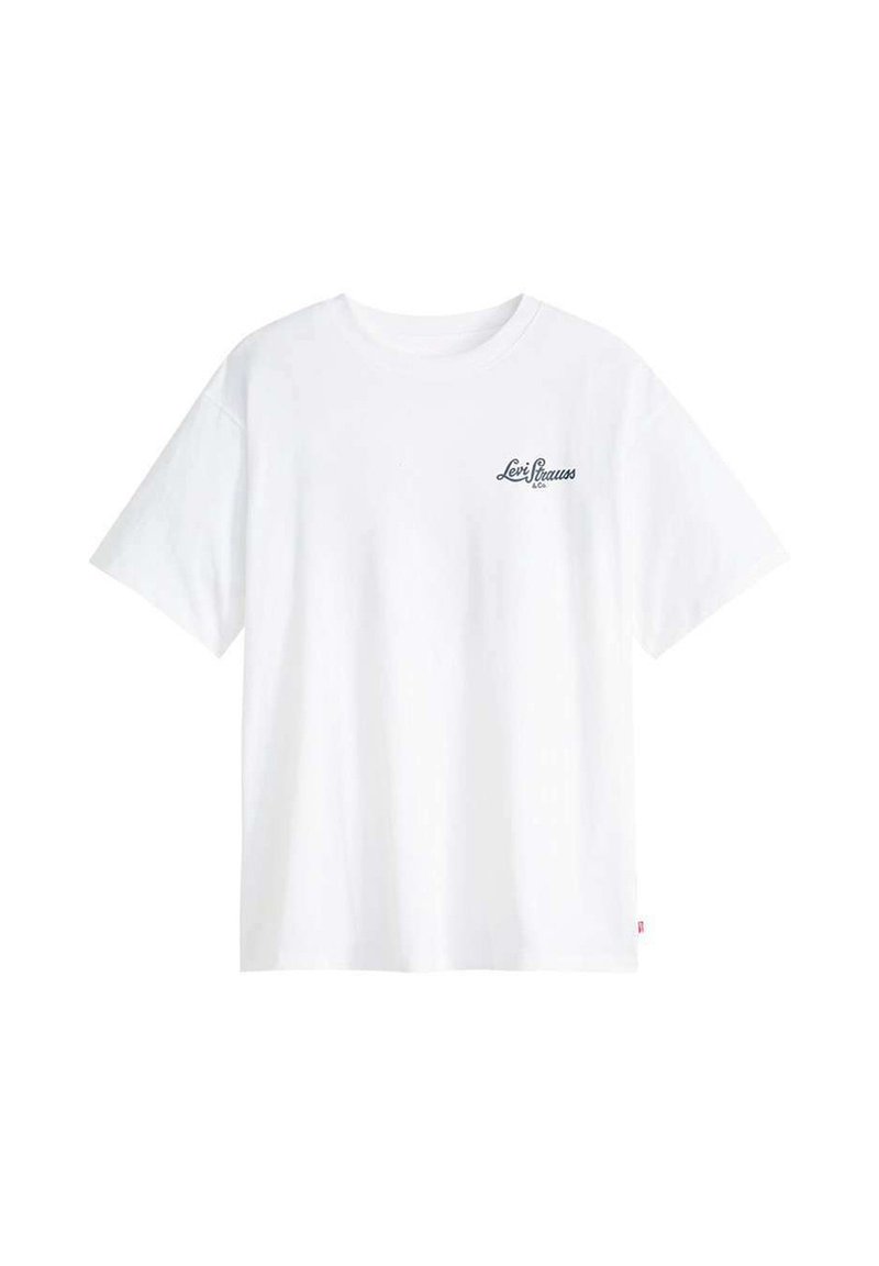 Camiseta blanca lisa de manga corta con cuello redondo y pequeño logo negro "Levi Strauss & Co." en el pecho izquierdo.