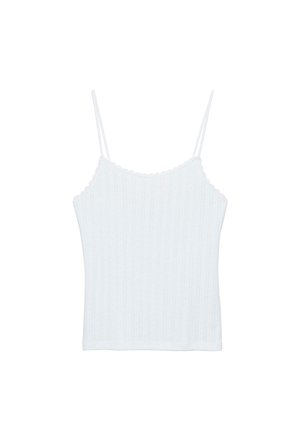 White ribbed knit sleeveless camisole with scalloped neckline and thin double shoulder straps.