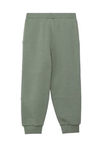 Grüne Jogginghose aus weichem Material, mit taillierter Passform, geripptem Bund und Bündchen an den Knöcheln. Keine sichtbaren Muster oder Akzente.