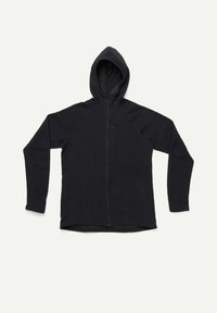 Schwarze Zip-Up-Hoodie aus texturiertem, atmungsaktivem Stoff, mit langen Ärmeln und einer verstellbaren Kapuze in einem schlichten Design.