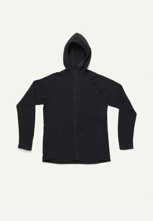 Schwarze Zip-Up-Hoodie aus texturiertem, atmungsaktivem Stoff, mit langen Ärmeln und einer verstellbaren Kapuze in einem schlichten Design.
