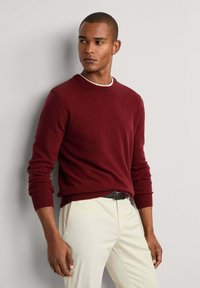 Muškarac u bordo dugu rukavu puloveru i bež hlačama, stoji uz jednostavan svijetlosivi zid, gledajući lijevo.