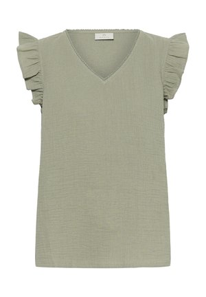 Blusa in tessuto strutturato verde salvia con scollo a V e maniche corte a balze, etichetta Kaffe all’interno del collo.