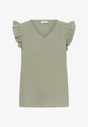 Blouse en tissu texturé vert sauge avec col en V et manches courtes volantées, étiquette Kaffe à l'intérieur du col.
