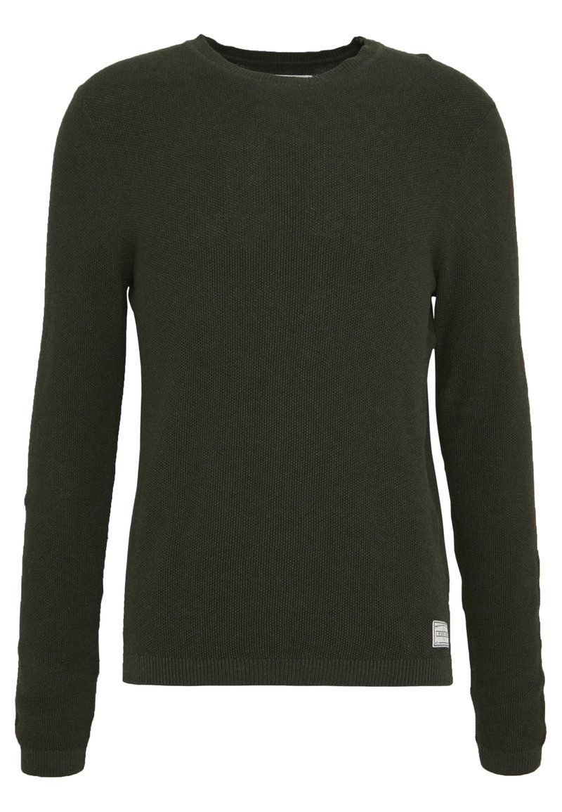 Pull en laine vert foncé avec un col rond, des manches longues et des poignets côtelés. Présente une petite étiquette de marque sur le côté inférieur.