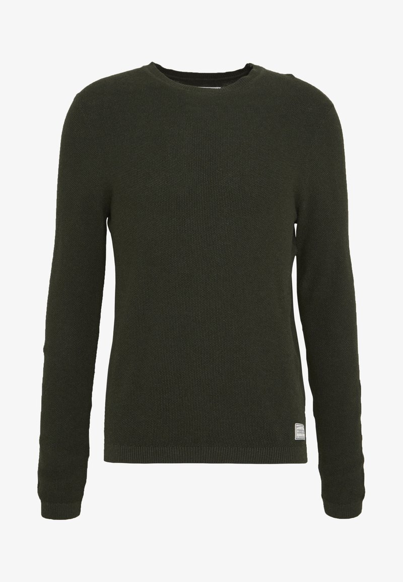 Pull en laine vert foncé avec un col rond, des manches longues et des poignets côtelés. Présente une petite étiquette de marque sur le côté inférieur.