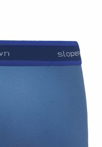 Boxer shorts blu con una texture liscia e una cintura elastica blu scuro a contrasto, sulla quale è ricamata in filo chiaro la parola "slopes".