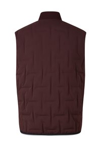 Bordeauxfarbene, gesteppte, ärmellose Weste mit strukturierter Oberfläche, hohem Kragen und kontrastierendem Saum. Eignet sich gut zum Schichten bei kühlerem Wetter.