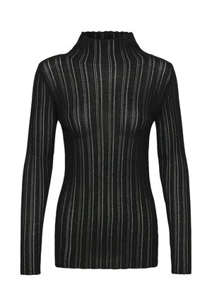 Čierny dlhý rukáv turtleneck sveter s vertikálnym rebrovaným dizajnom a otvorenou pletenou textúrou, s striedavými pevným a priesvitným pruhmi.