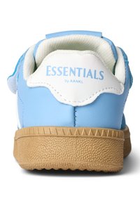 Blue synthetic sneaker with white accents, textured gum sole, and padded collar. "ESSENTIALS by AANKL" is printed on the heel.
