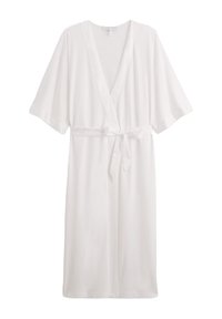 Abito bianco realizzato in tessuto morbido, con maniche corte a kimono, scollatura a V e cintura integrata da legare in vita per una chiusura sicura.