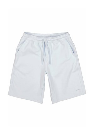 Weiße Shorts mit elastischem Bund, Kordelzug und Seitentaschen, knielang und schlicht im Design.