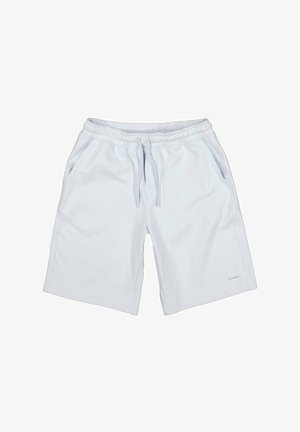 Pantalones cortos blancos con cintura elástica, cordón ajustable y bolsillos laterales, de longitud hasta la rodilla y diseño liso.