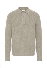 Light gray knitted pullover with a ribbed texture, three-button placket, and collared neck. Long sleeves, slightly tapered at the cuffs.