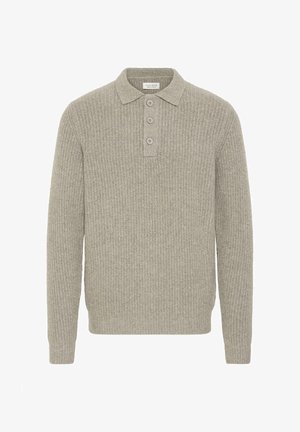 Lichtgrijze gebreide pullover met een ribbelstructuur, een knoopsluiting met drie knopen en een kraag. Lange mouwen, licht taps toelopend bij de manchetten.