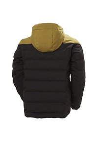 Daunenjacke mit schwarzem Körper und khakifarbenem oberen Teil, strukturiertem Stoff, genähten Paneelen und Kapuze. Die Rückansicht zeigt Rippdetails am Saum.