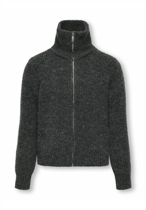 Dark grey zip-up sweater with a high neck, made from textured knit fabric. Features long sleeves and a full-length zipper at the front.